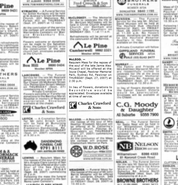 Newspaper funeral notice for Jamie Alex McLeod.